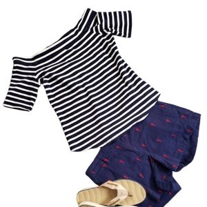 Nautical Marine Coastal Preppy Karen Kane Off Shoulder French Breton Striped To